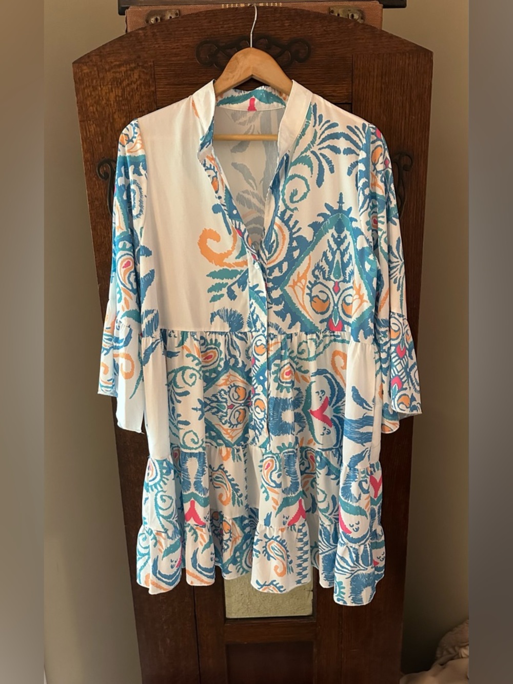 White Tunic Trapeze Dress with Blue & Coral Paisley Print Size L or XL